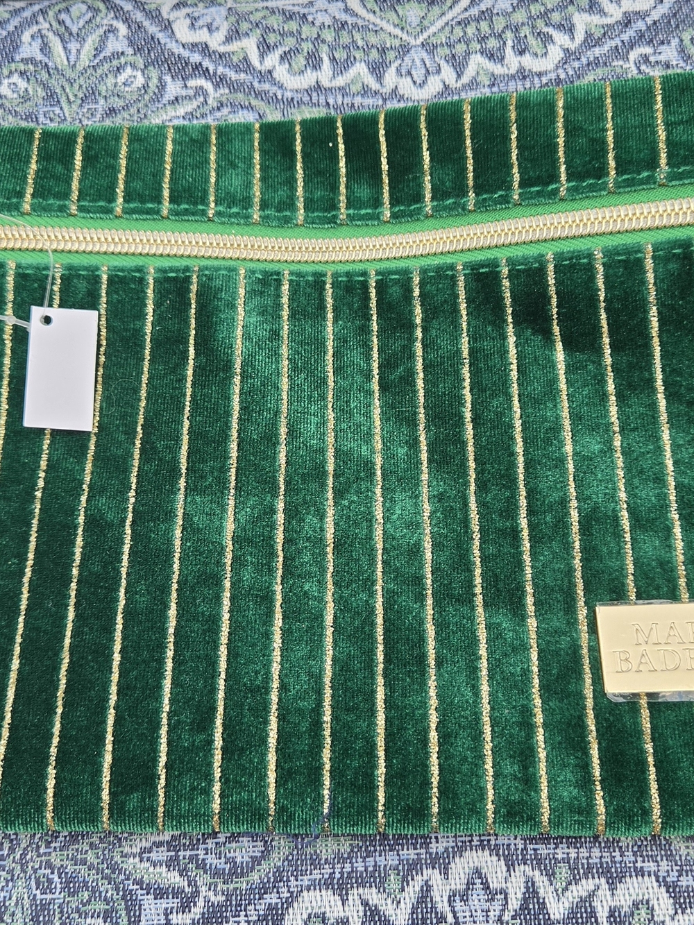 Green Velvet Stripe Zipper Clutch